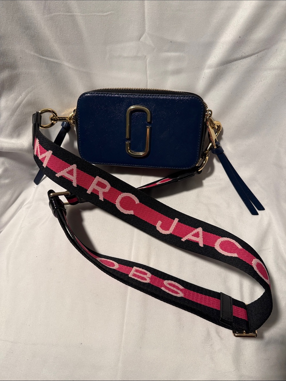 Marc Jacobs Navy patent Crossbody with Pink Logo Strap